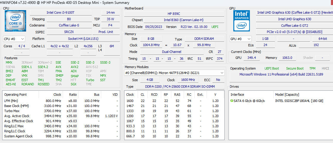 HP ProDesk 400 G5 USFF i3-9100T 8/180GB