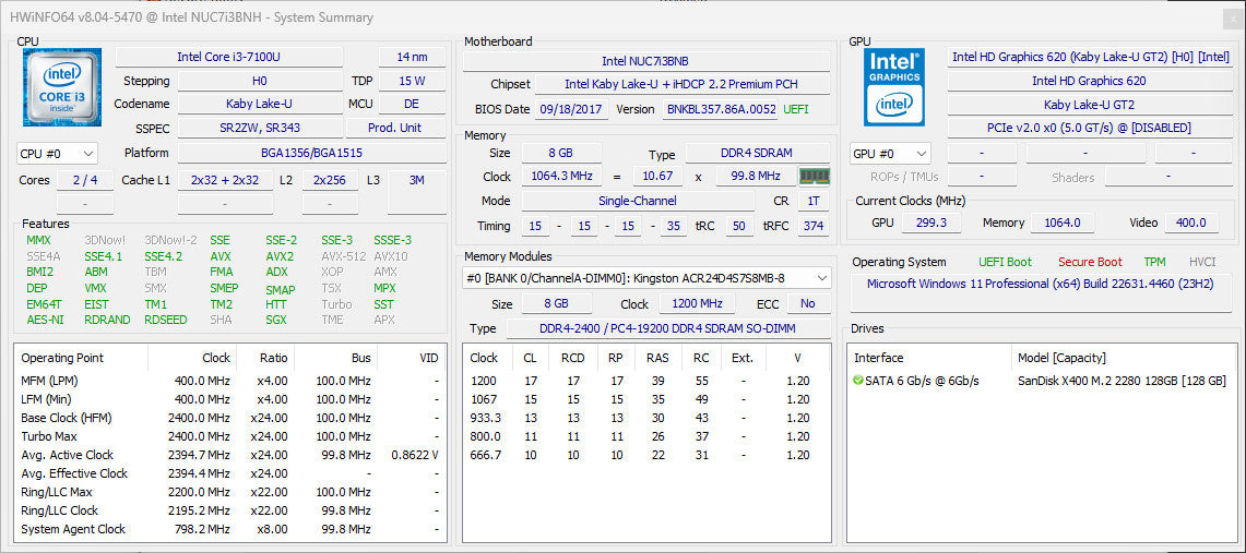 Intel NUC USFF i3-7100U 8/128GB
