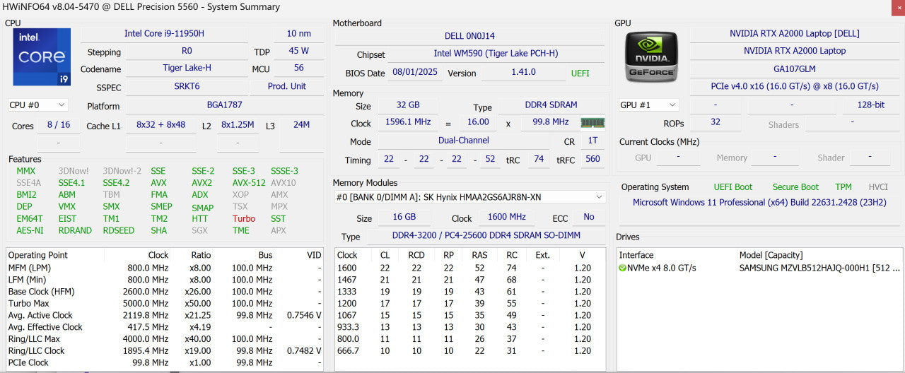 Dell Precision 5560 TS i9-11950H NVIDIA 32/512GB