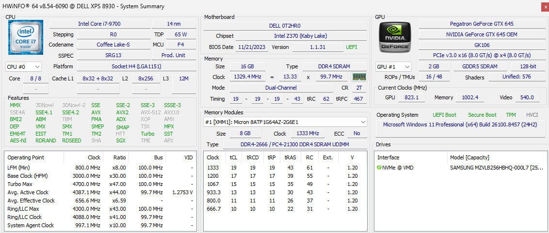 Dell XPS 8930 i7-9700 16/256GB NVIDIA GeForce GTX 645